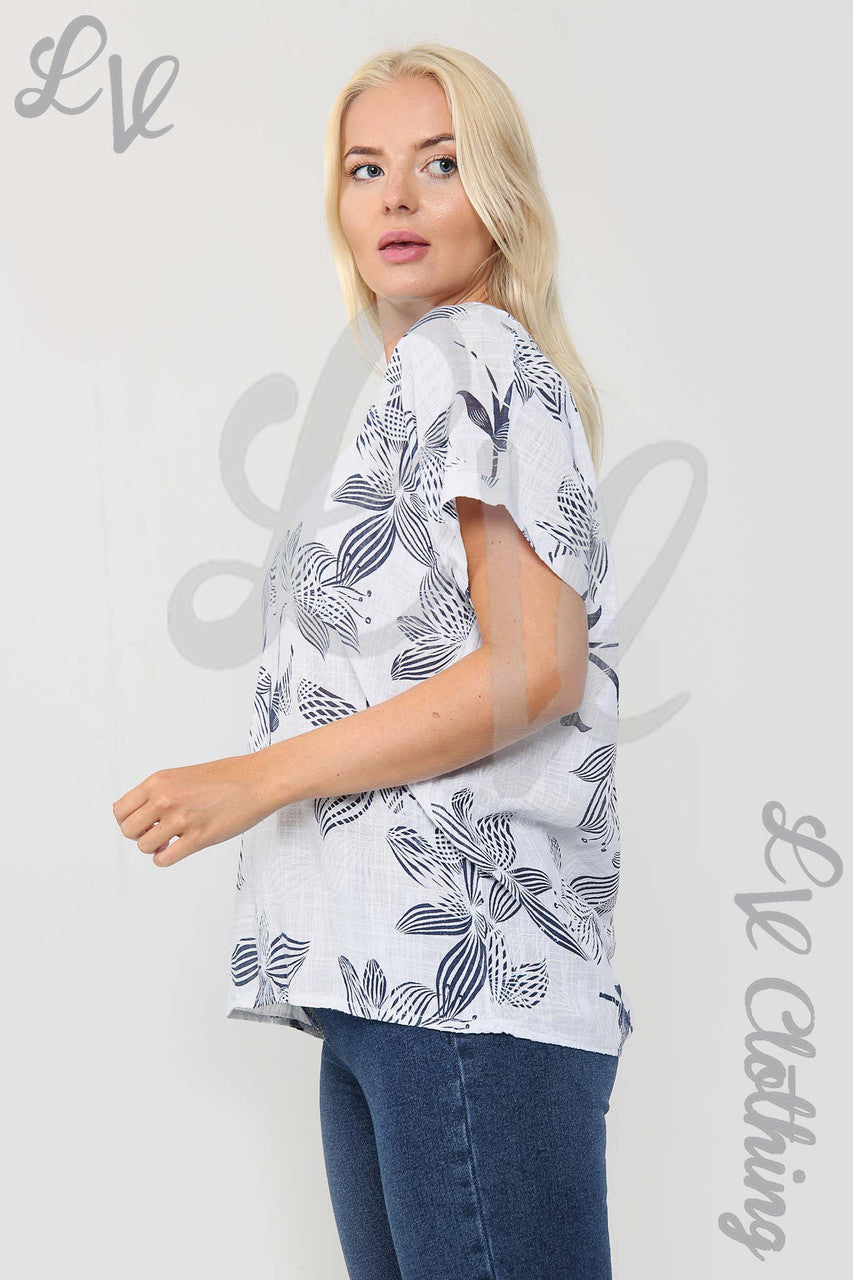 Ladies Floral Outline Abstract Print Top White - Unit Price £9.99