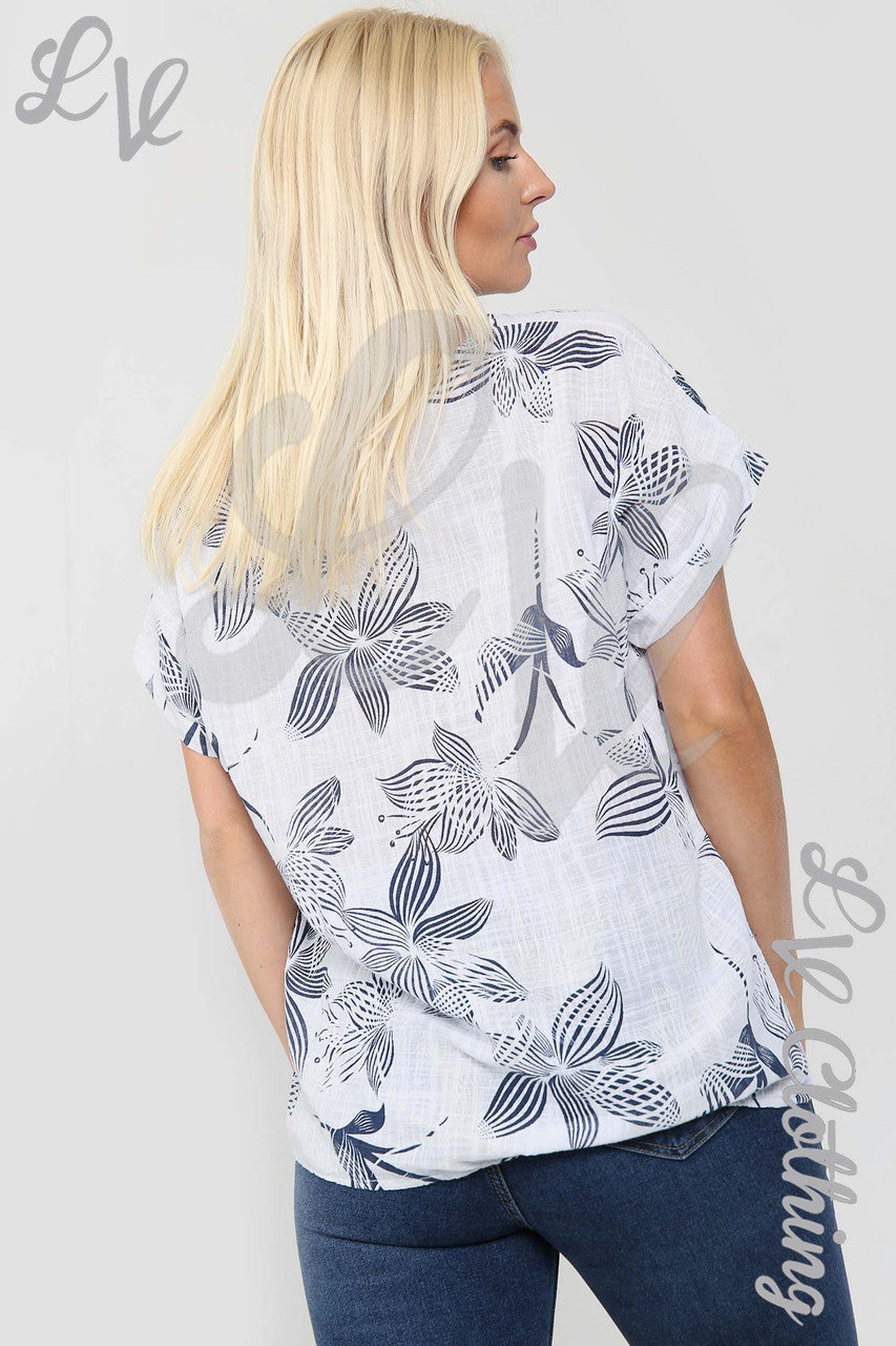 Ladies Floral Outline Abstract Print Top White - Unit Price £9.99