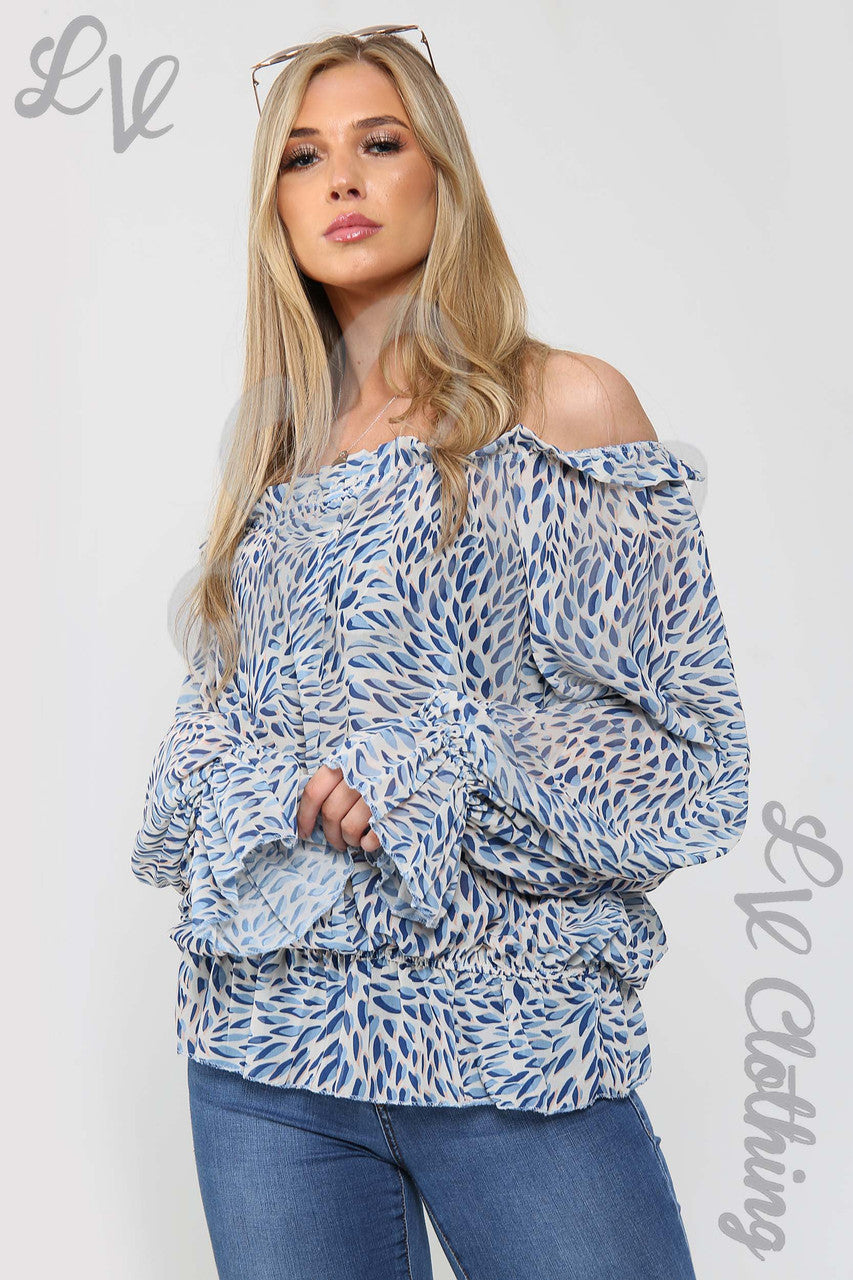 Ladies Printed Frill Hem & Sleeve Blouse Denim - Unit Price £14.99
