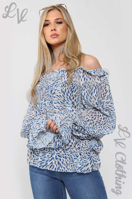 Blue and white printed cold-shoulder blouse with frilled neckline and ruched cuffs
