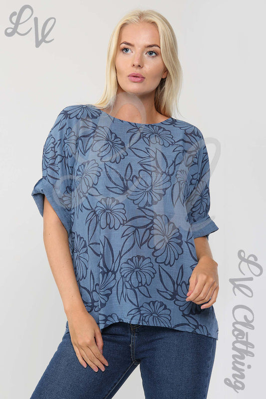 Blue floral outline top with short sleeves and crew neckline