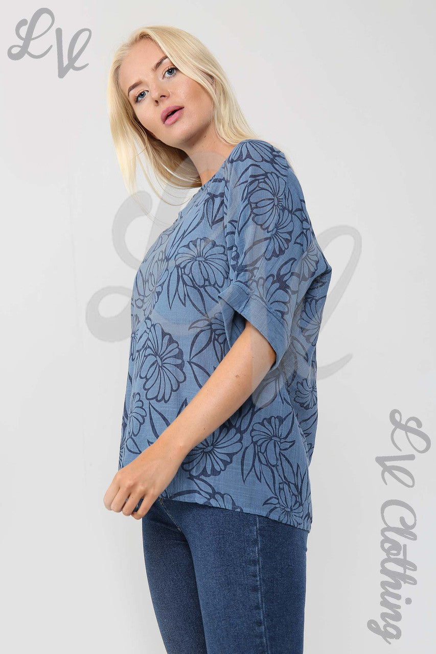 Ladies Floral Outline Print Top Denim - Unit Price £9.99