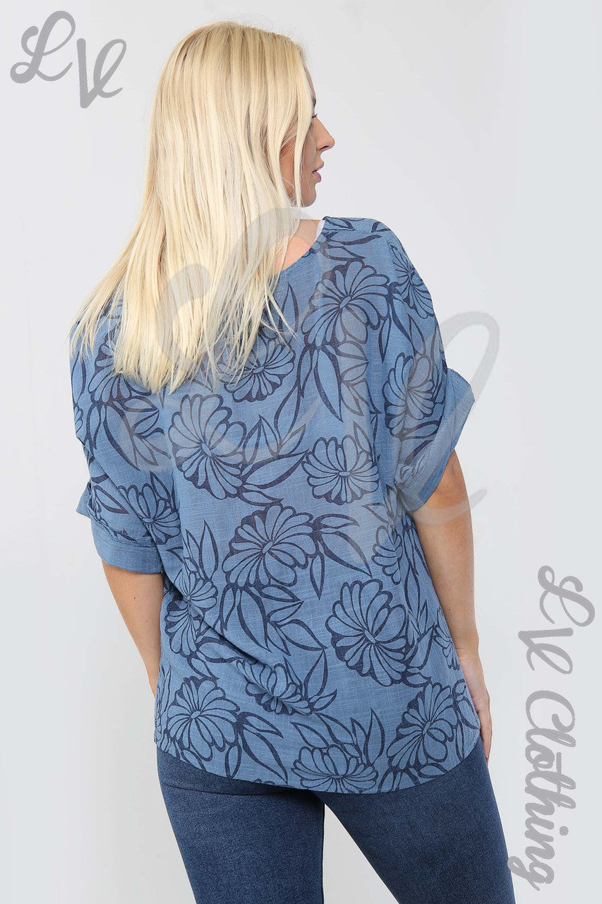 Ladies Floral Outline Print Top Denim - Unit Price £9.99