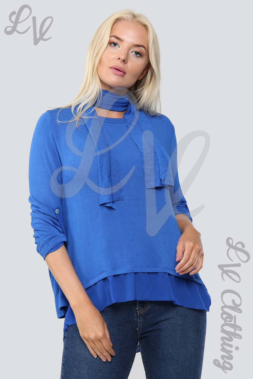 Ladies 3 Button Back Top & Scarf Royal Blue - Unit Price £10.99