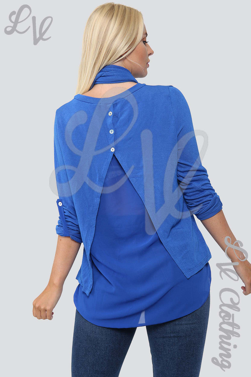 Ladies 3 Button Back Top & Scarf Royal Blue - Unit Price £10.99