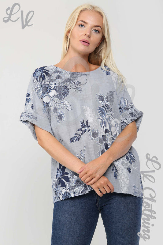 Floral print blouse top, light gray with blue flowers, short batwing sleeves
