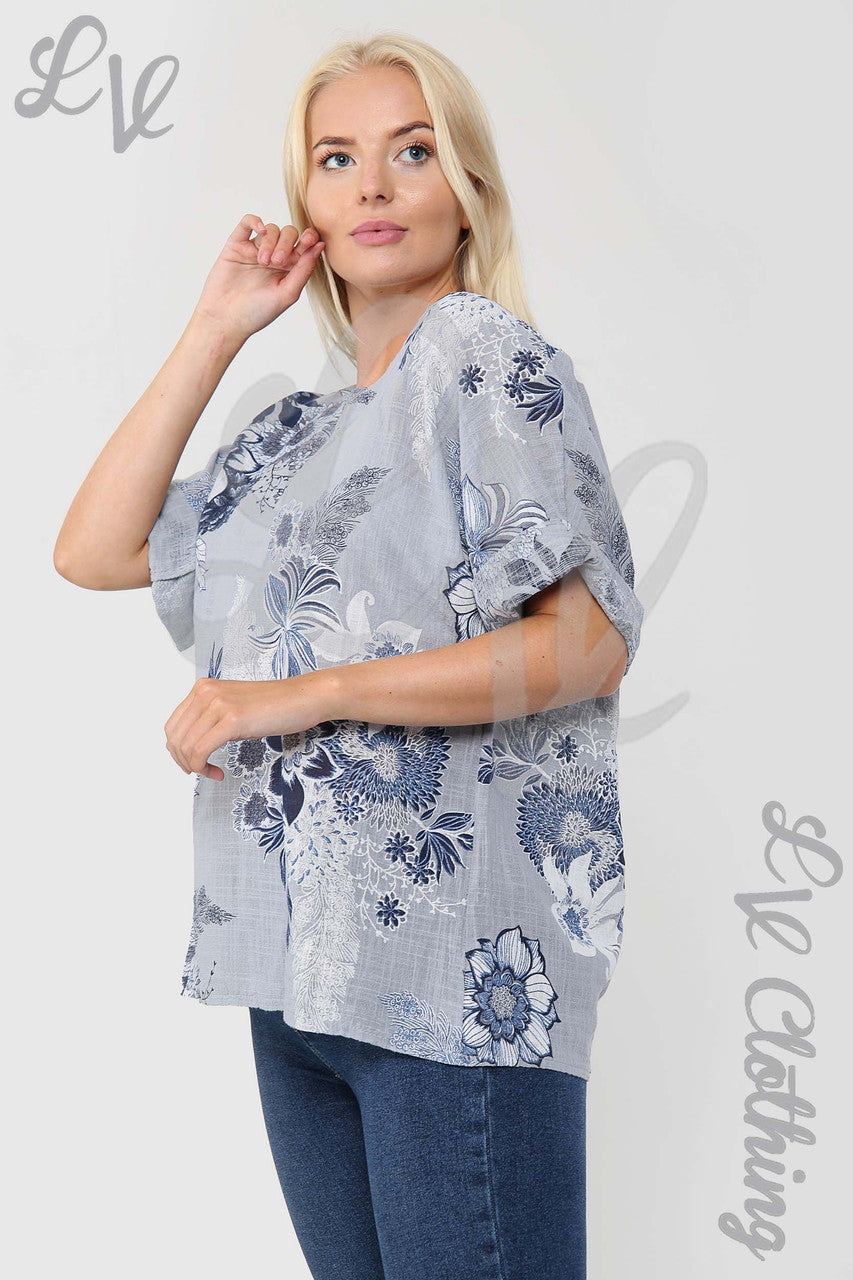 Ladies China Floral Print Top Silver - Unit Price £9.99