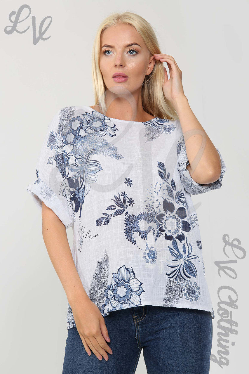 Ladies China Floral Print Top White - Unit Price £9.99