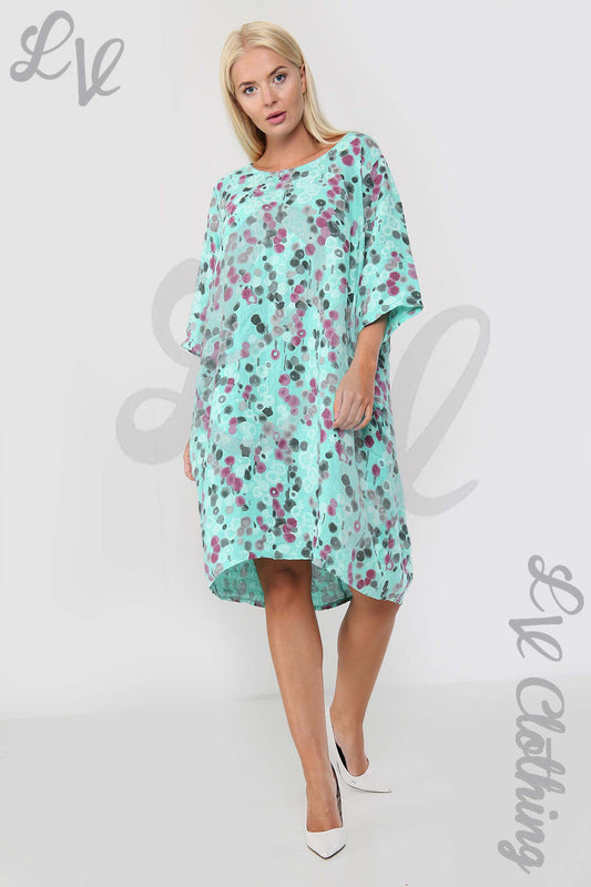 Teal circle-print linen dress with loose fit, elbow sleeves and round neckline