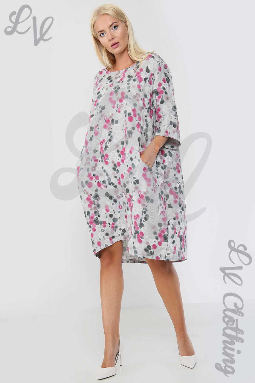 Ladies Circle Print Lagenlook Linen Dress Silver - Unit Price £17.99