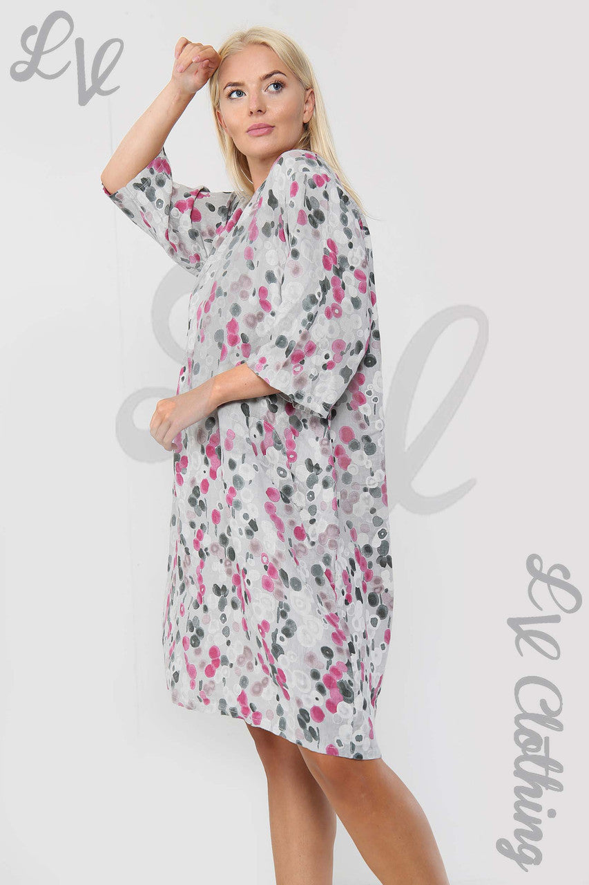 Ladies Circle Print Lagenlook Linen Dress Silver - Unit Price £17.99
