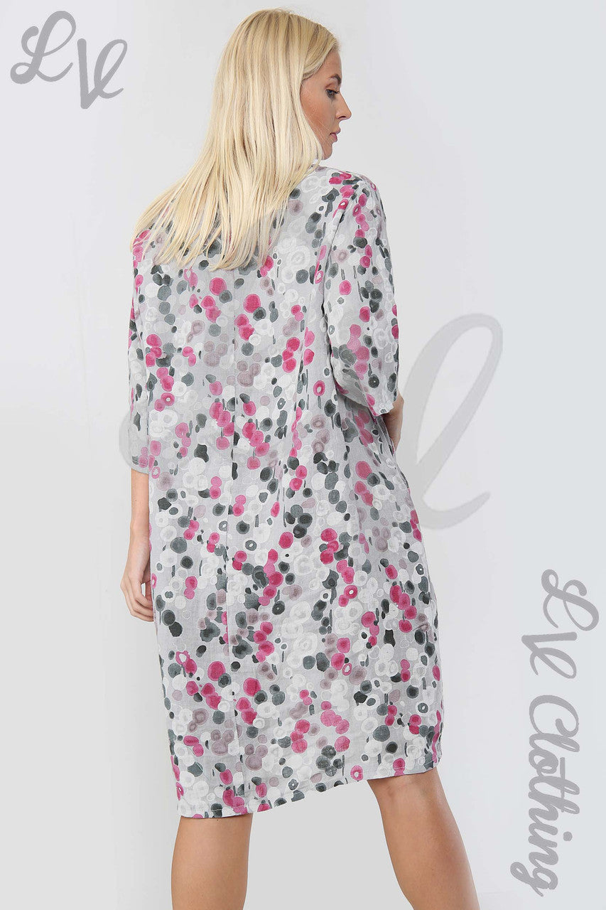 Ladies Circle Print Lagenlook Linen Dress Silver - Unit Price £17.99