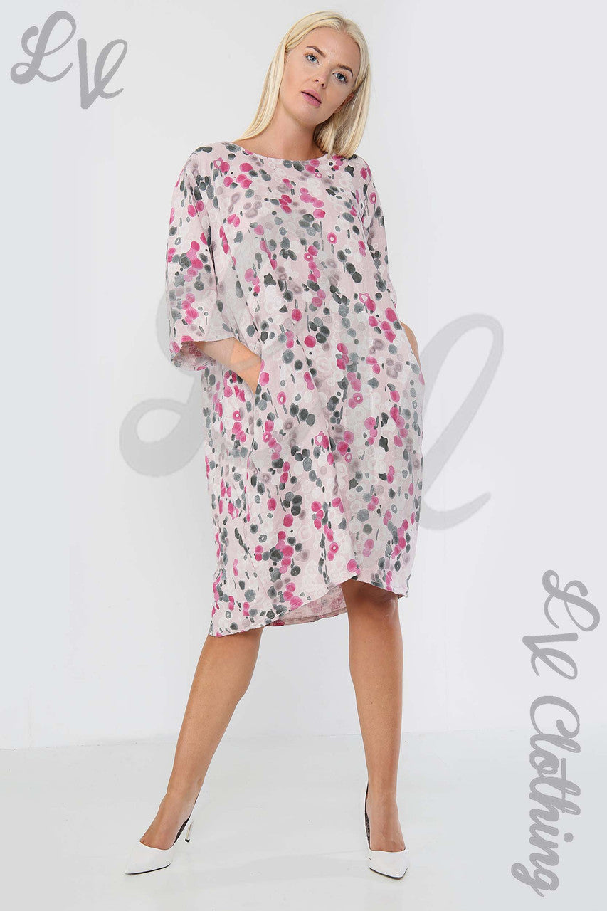 Ladies Circle Print Lagenlook Linen Dress Dusty Pink - Unit Price £17.99