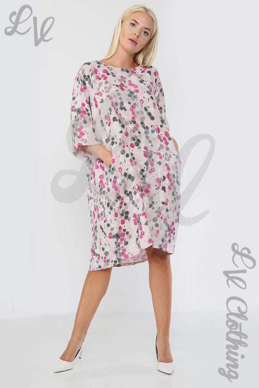 Dusty pink circle-print linen dress, loose shift with round neck and 3/4 sleeves