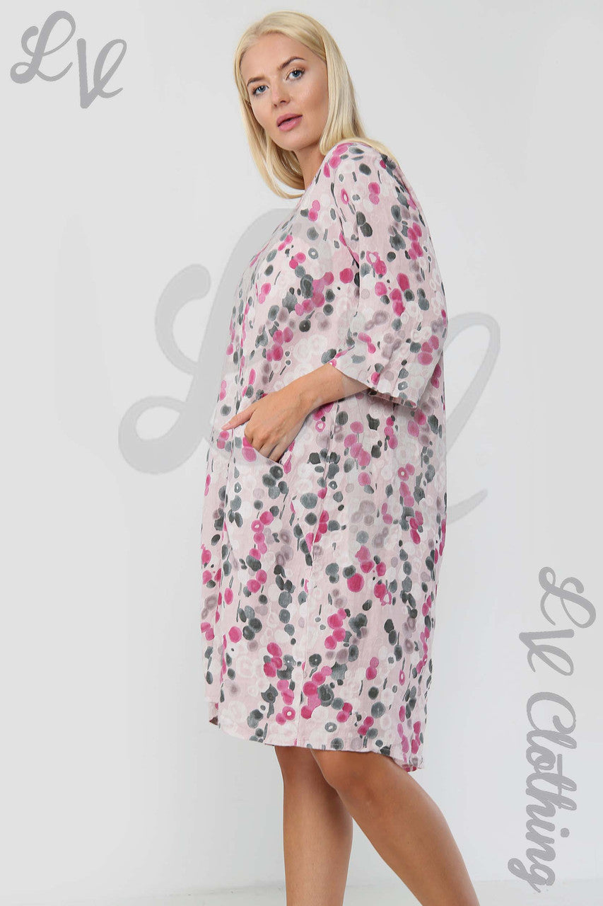Ladies Circle Print Lagenlook Linen Dress Dusty Pink - Unit Price £17.99