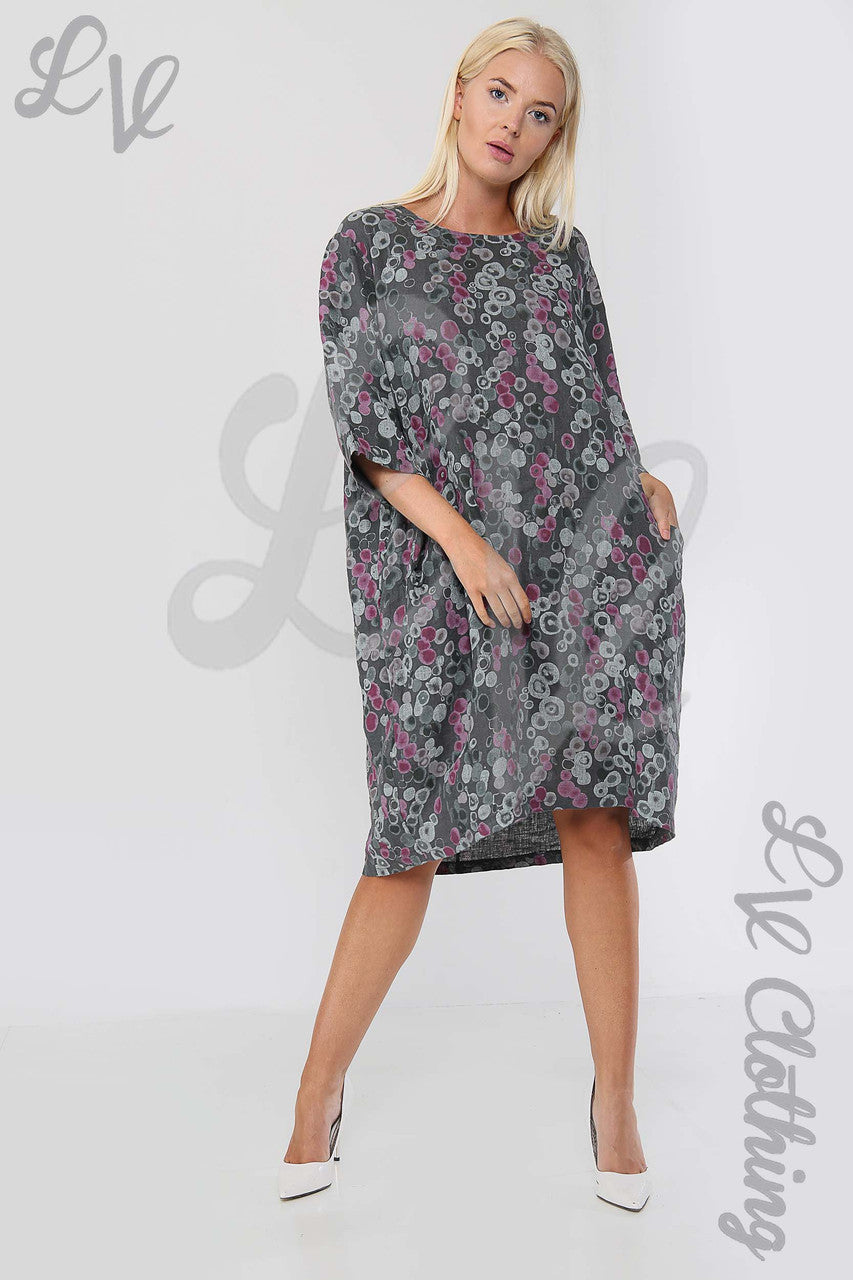 Ladies Circle Print Lagenlook Linen Dress Charcoal - Unit Price £17.99