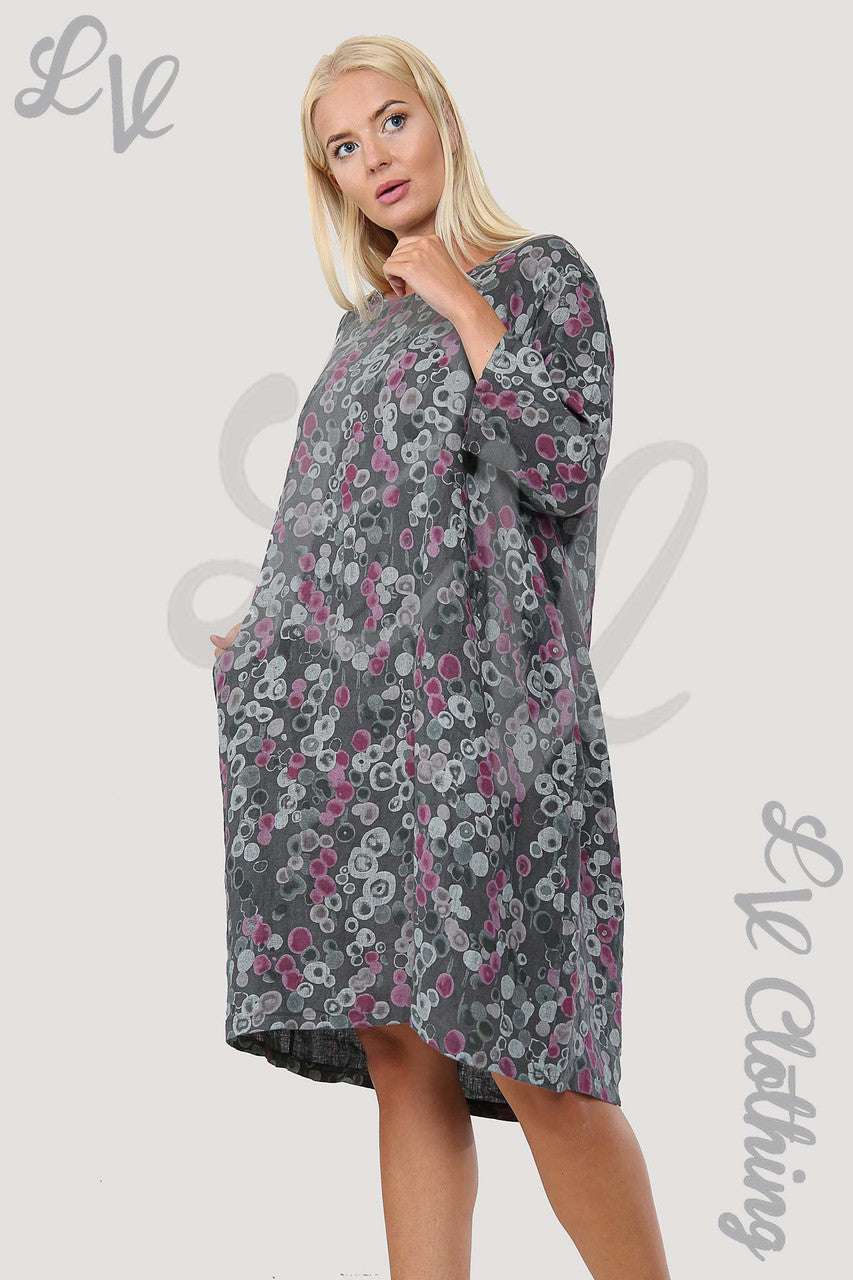 Ladies Circle Print Lagenlook Linen Dress Charcoal - Unit Price £17.99