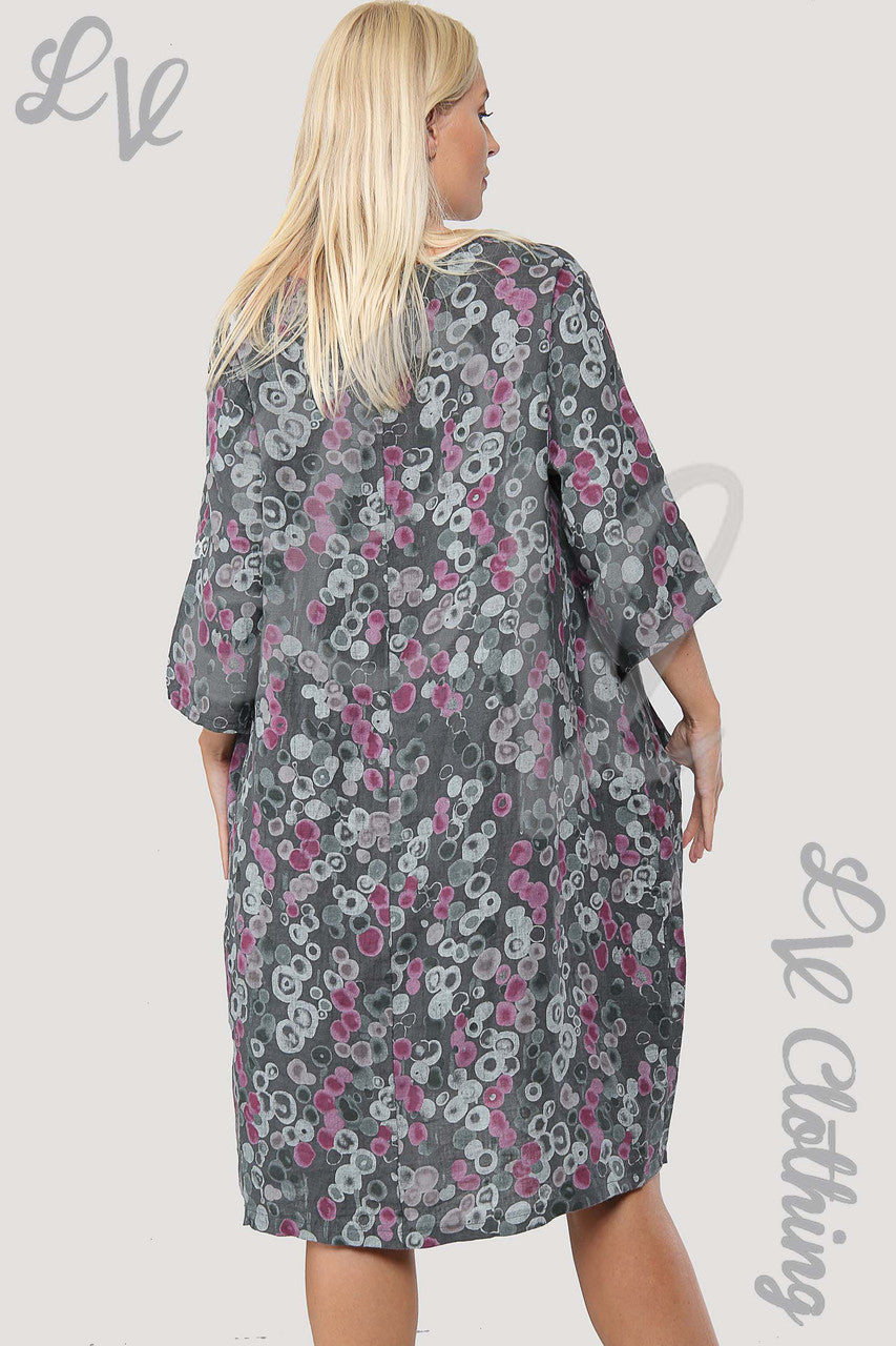 Ladies Circle Print Lagenlook Linen Dress Charcoal - Unit Price £17.99