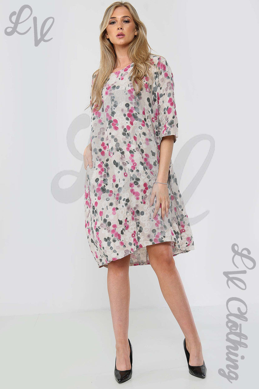 Ladies Circle Print Lagenlook Linen Dress Stone - Unit Price £17.99