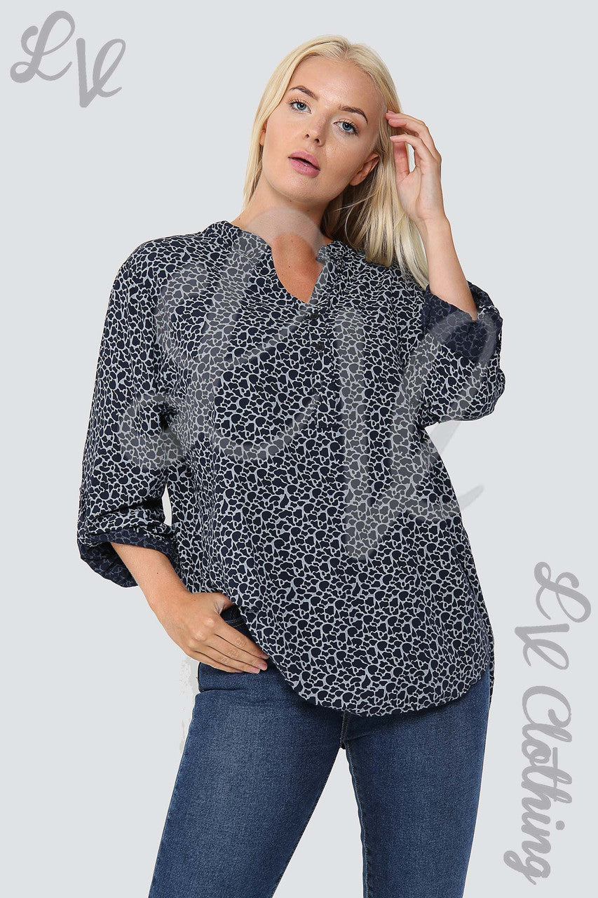 Ladies Giraffe Print Grandad Style Blouse Shirt Navy - Unit Price £12.99