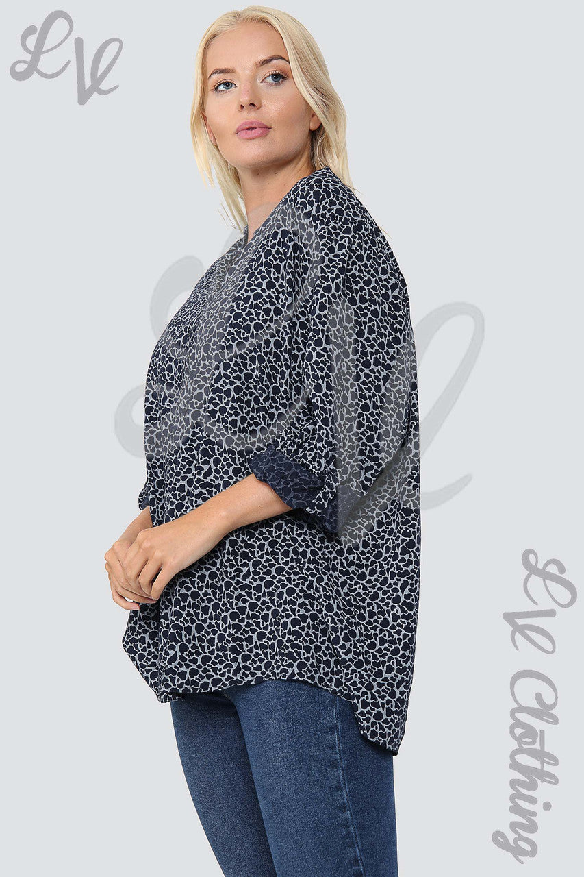 Ladies Giraffe Print Grandad Style Blouse Shirt Navy - Unit Price £12.99