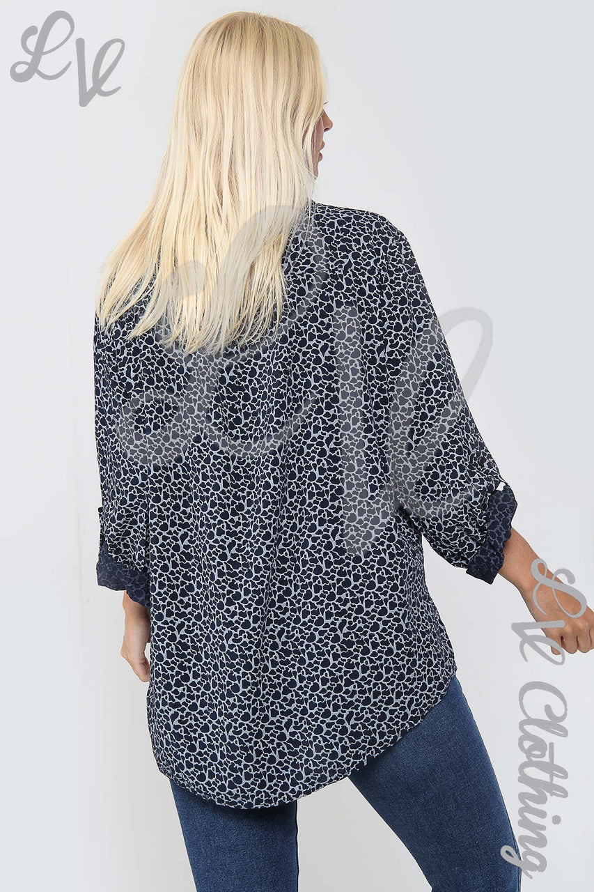 Ladies Giraffe Print Grandad Style Blouse Shirt Navy - Unit Price £12.99