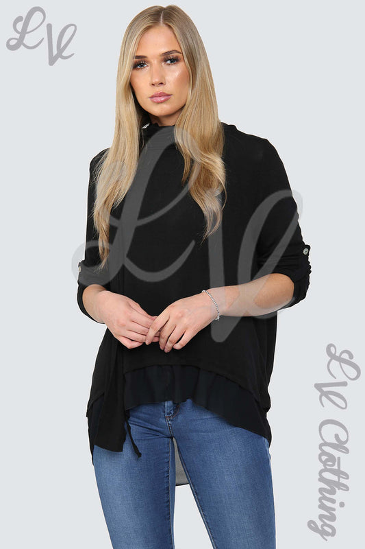 Black ladies top with three-button back detail and draped asymmetrical hem