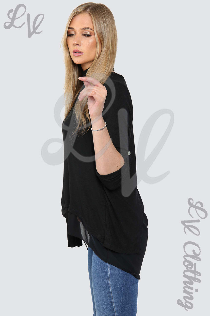 Dames top met 3 knopen op de rug & sjaal zwart - Prijs per stuk € 10,99