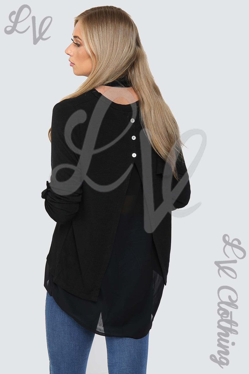 Dames top met 3 knopen op de rug & sjaal zwart - Prijs per stuk € 10,99