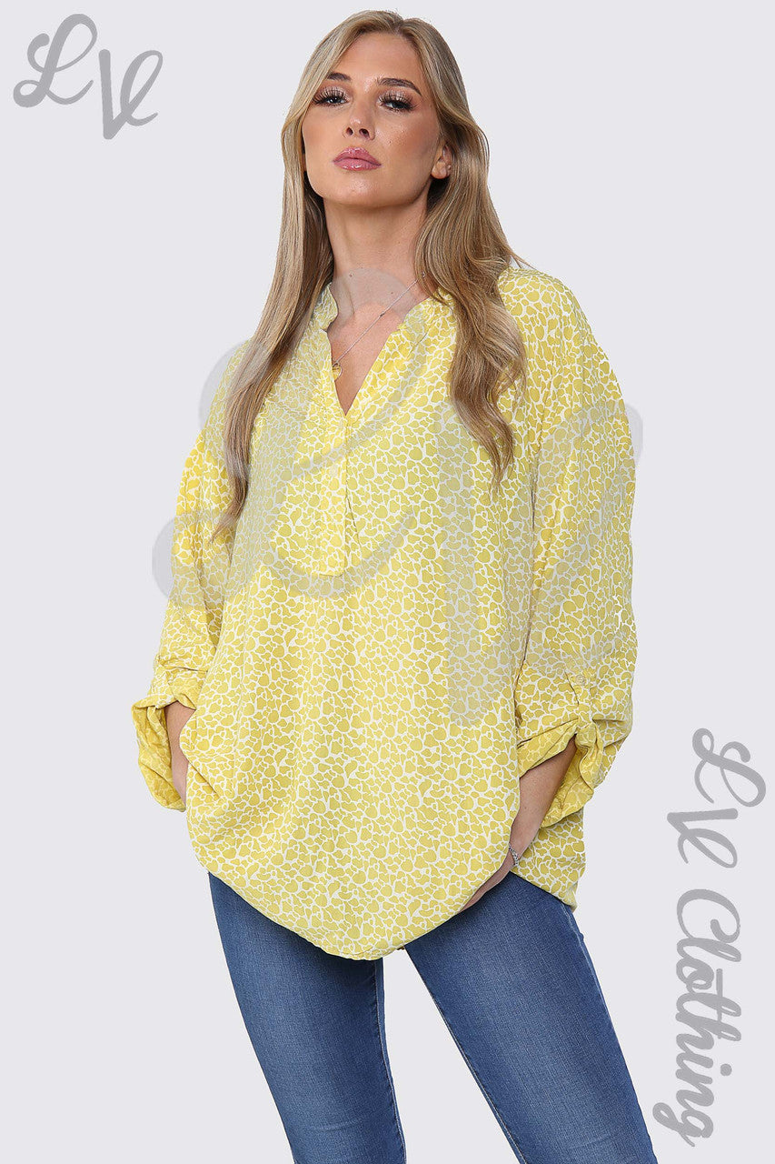 Dames Blouse Overhemd Giraffe Print Grandad Stijl Mosterd - Prijs per eenheid €12,99