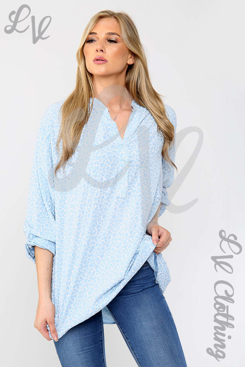 Ladies Giraffe Print Grandad Style Blouse Shirt Light Blue - Unit Price £8.99