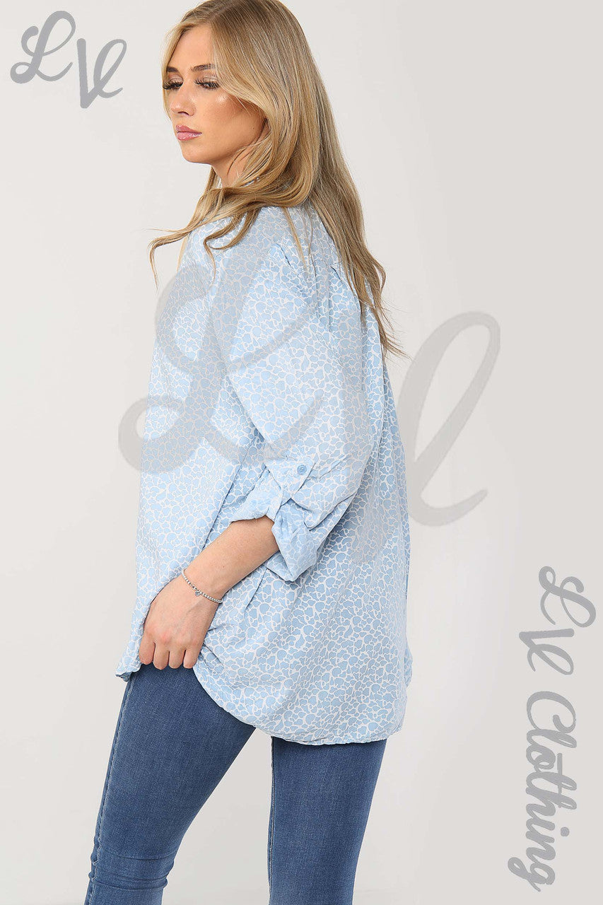 Ladies Giraffe Print Grandad Style Blouse Shirt Light Blue - Unit Price £8.99