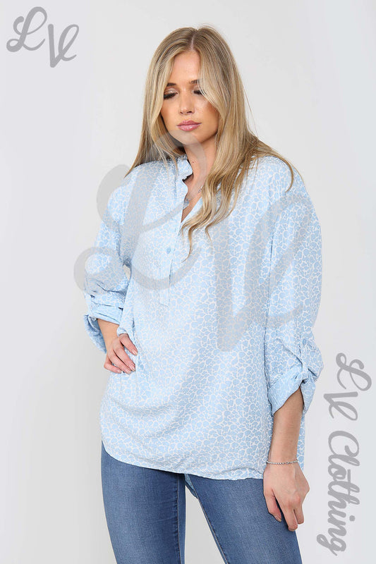 Ladies giraffe print grandad style blouse, light blue, long sleeves with button collar