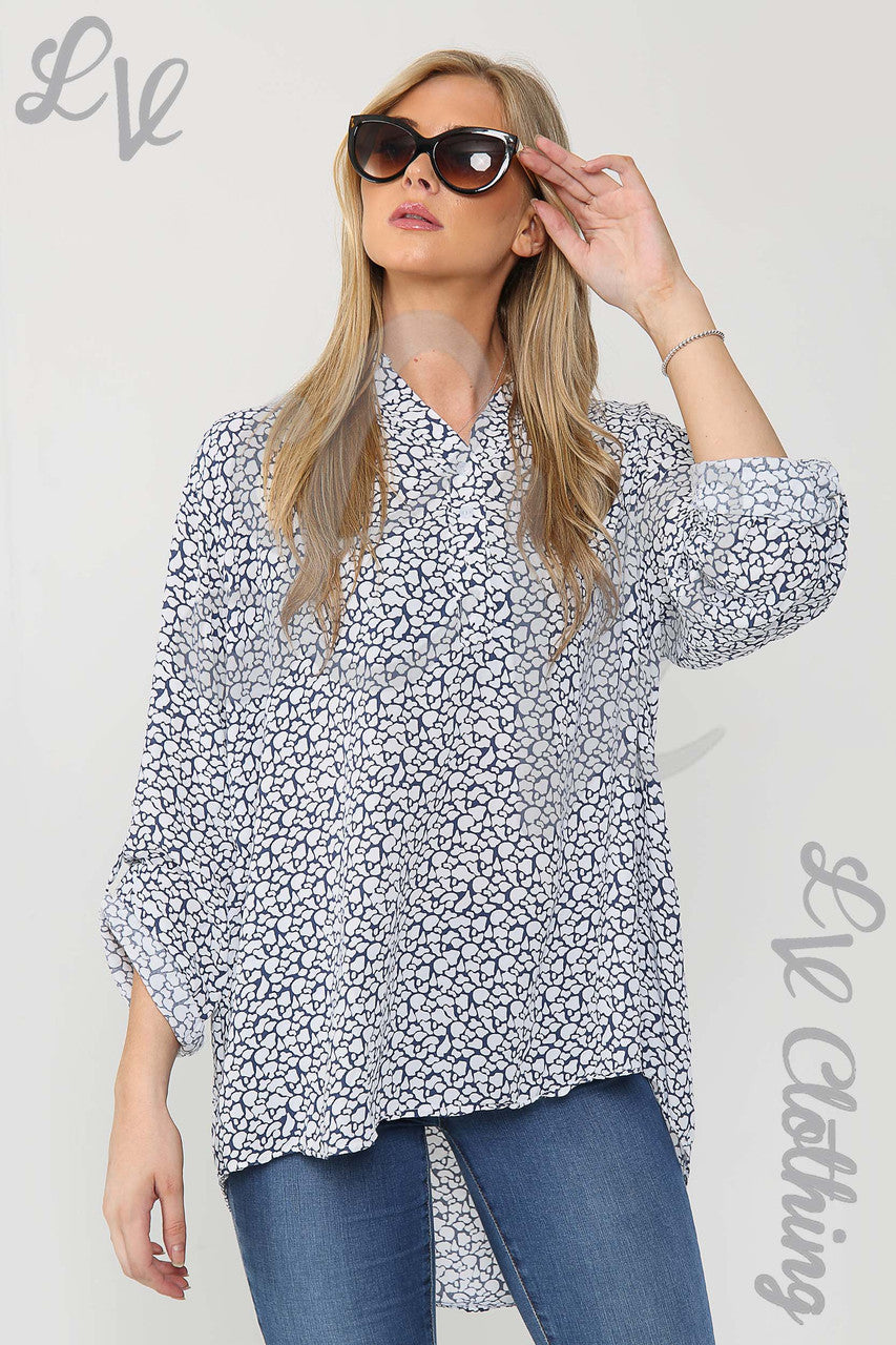 Ladies Giraffe Print Grandad Style Blouse Shirt White - Unit Price £12.99
