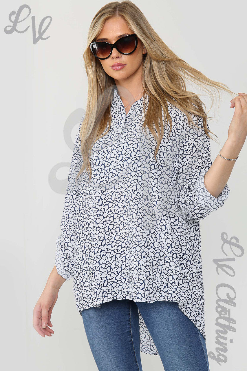Ladies Giraffe Print Grandad Style Blouse Shirt White - Unit Price £12.99