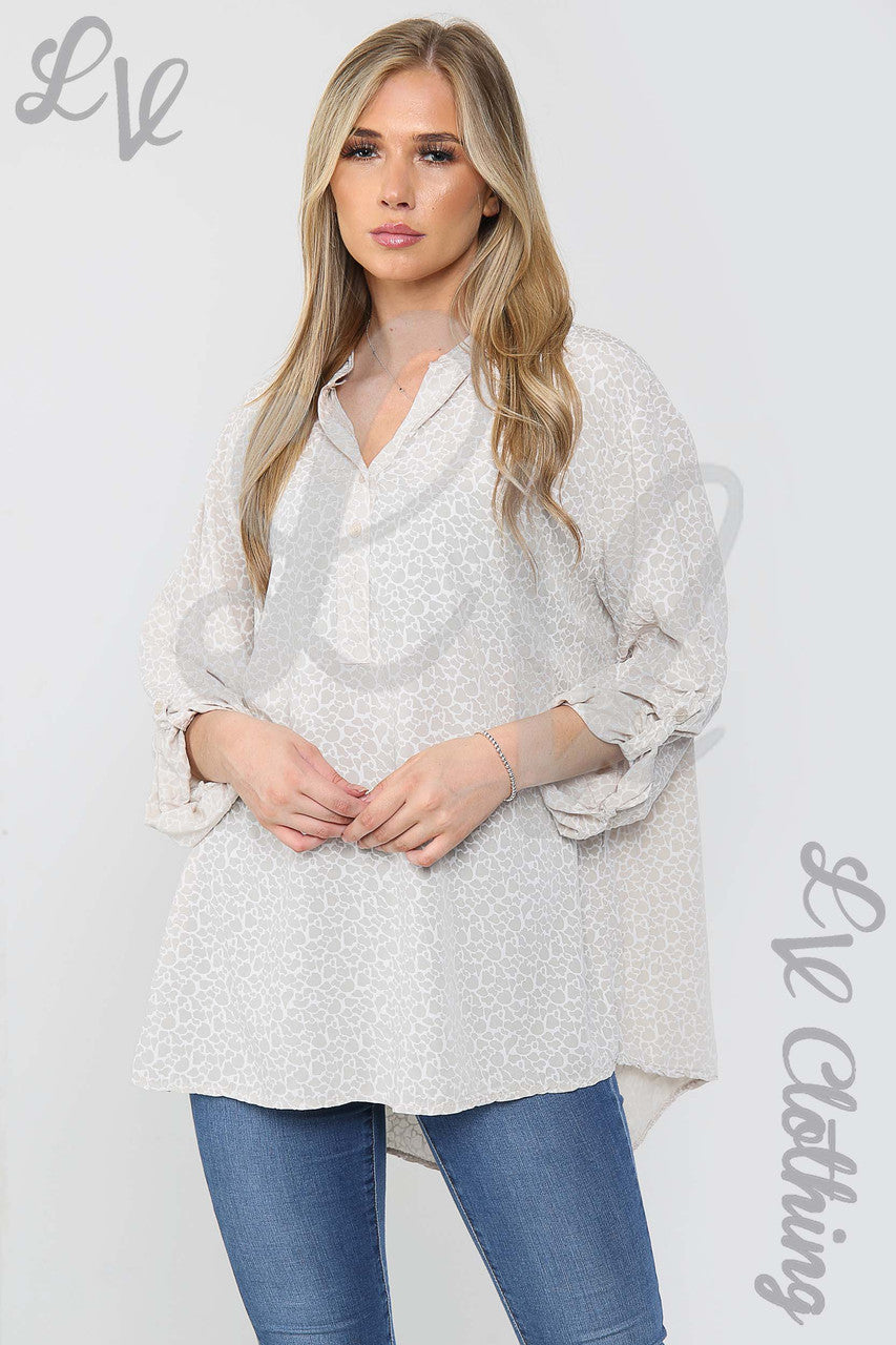 Ladies Giraffe Print Grandad Style Blouse Shirt Stone - Unit Price £12.99