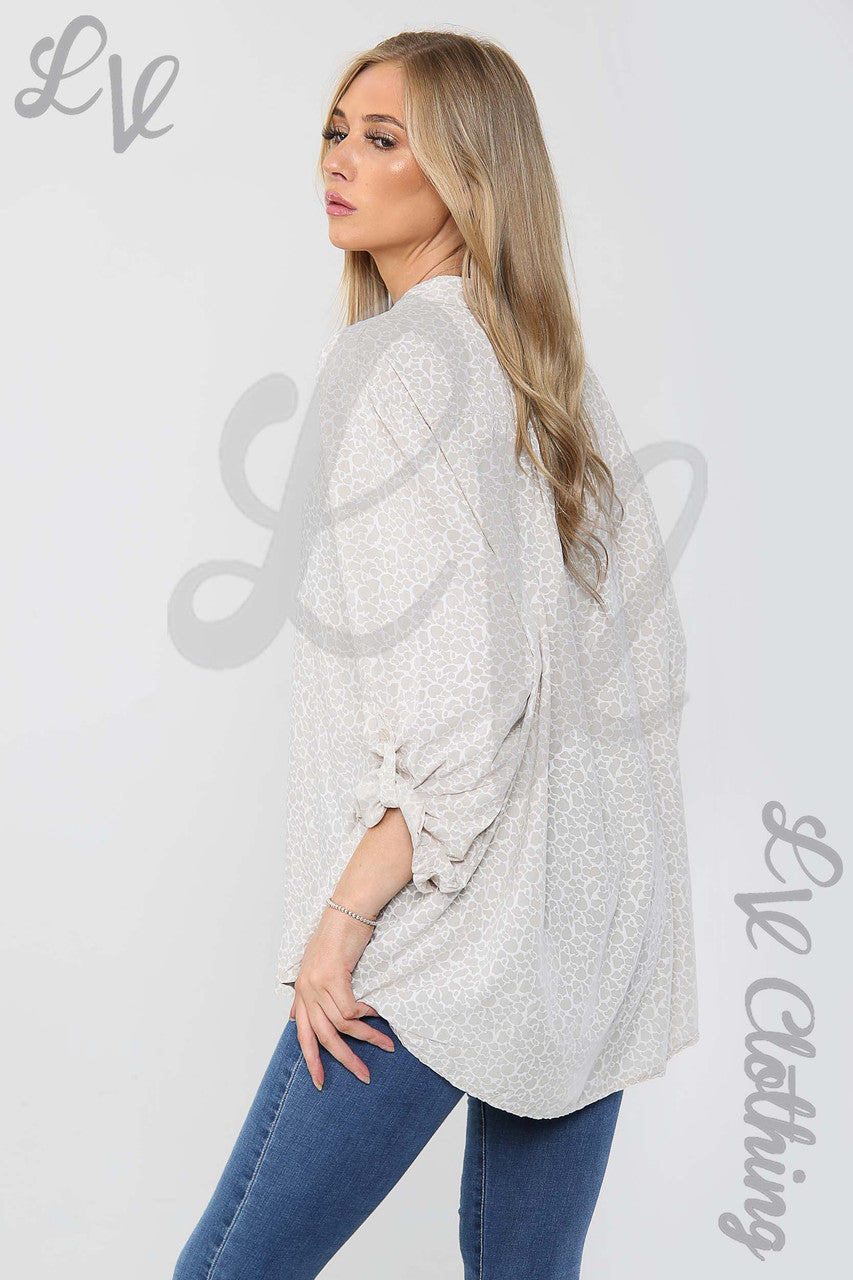 Ladies Giraffe Print Grandad Style Blouse Shirt Stone - Unit Price £12.99