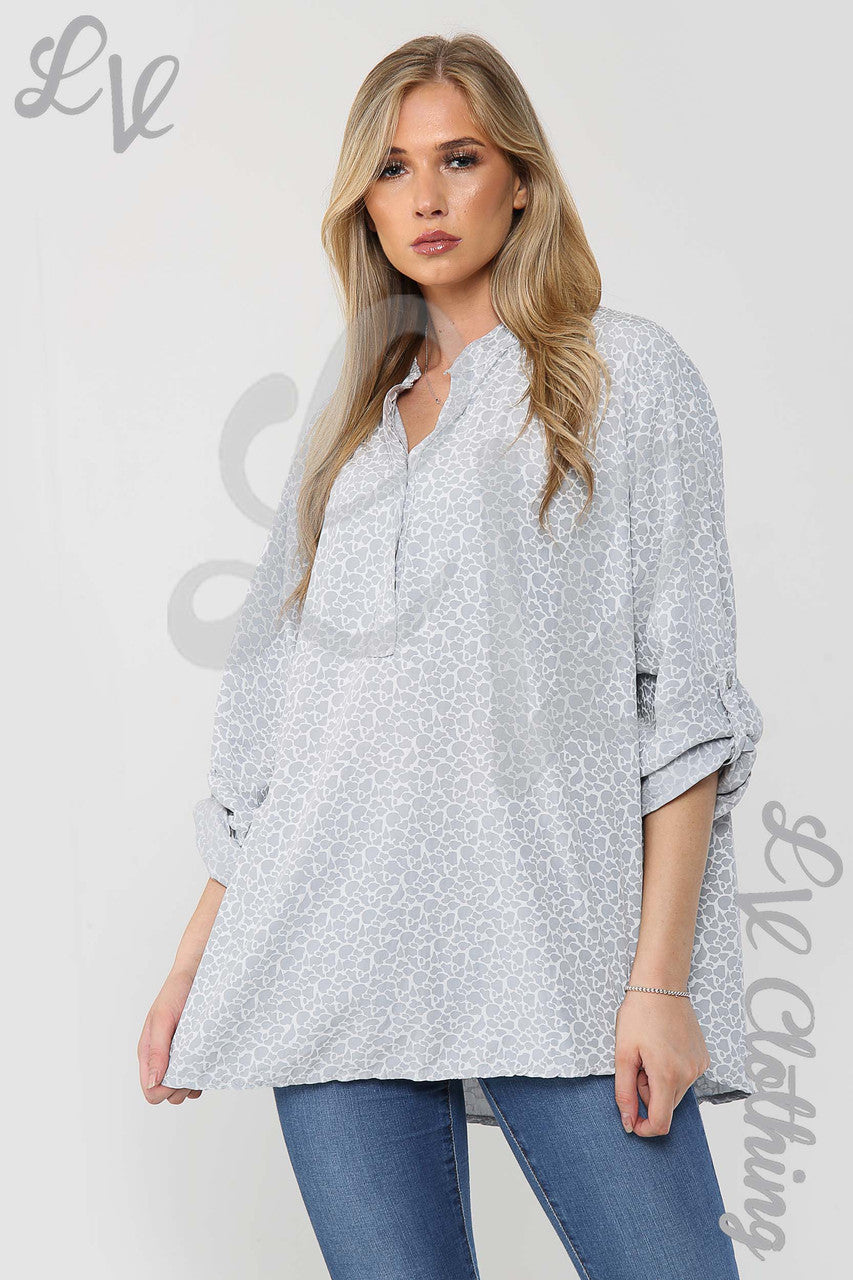 Ladies Giraffe Print Grandad Style Blouse Shirt Silver - Unit Price £12.99