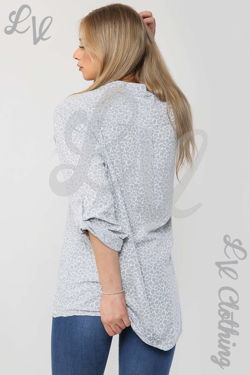 Ladies Giraffe Print Grandad Style Blouse Shirt Silver - Unit Price £12.99