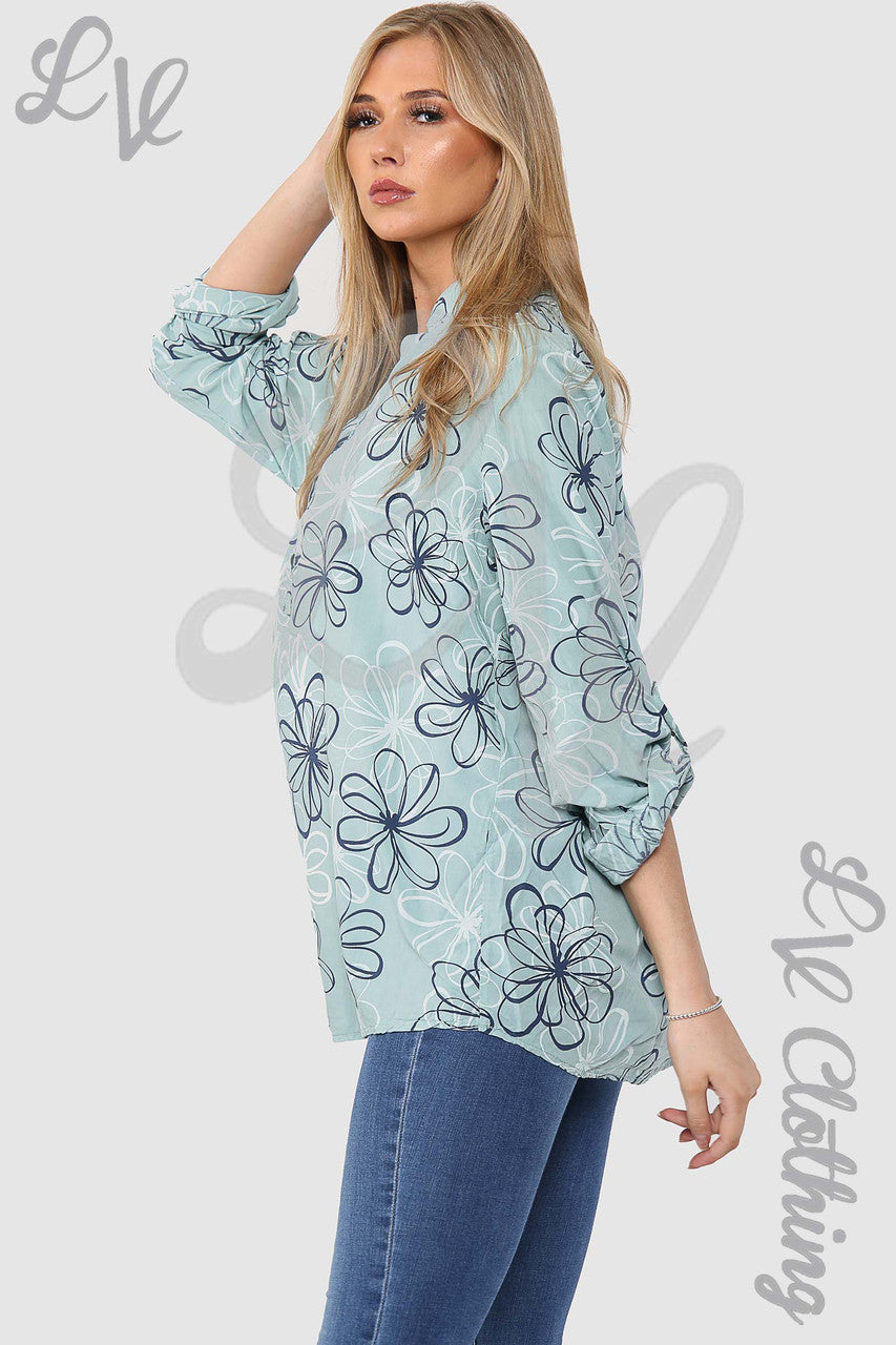 Ladies Floral Outline Print Grandad Style Blouse Shirt Tiffany - Unit Price £12.99