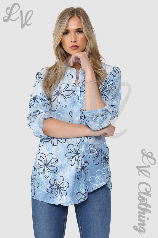 Blue floral outline grandad blouse with puff sleeves and button-front neckline
