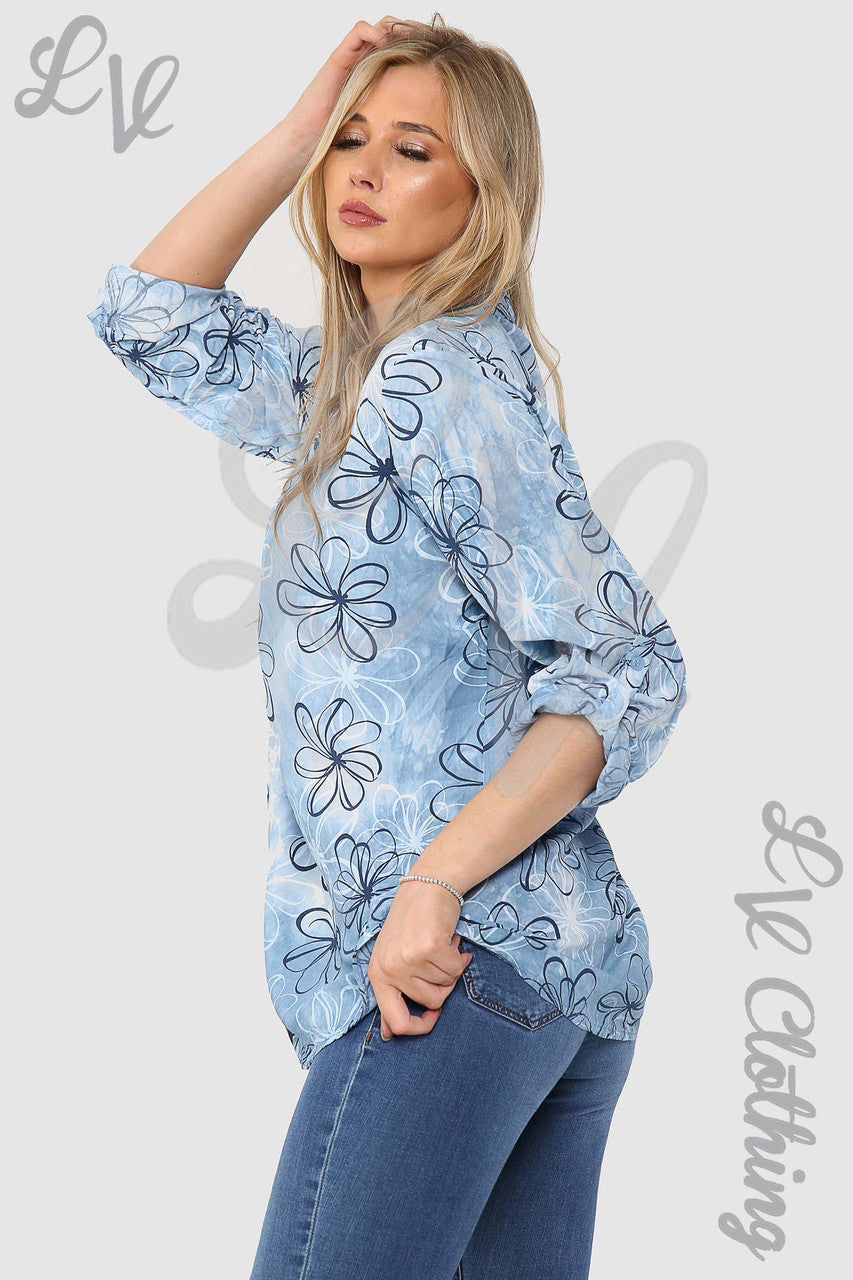 Ladies Floral Outline Print Grandad Style Blouse Shirt Denim - Unit Price £12.99