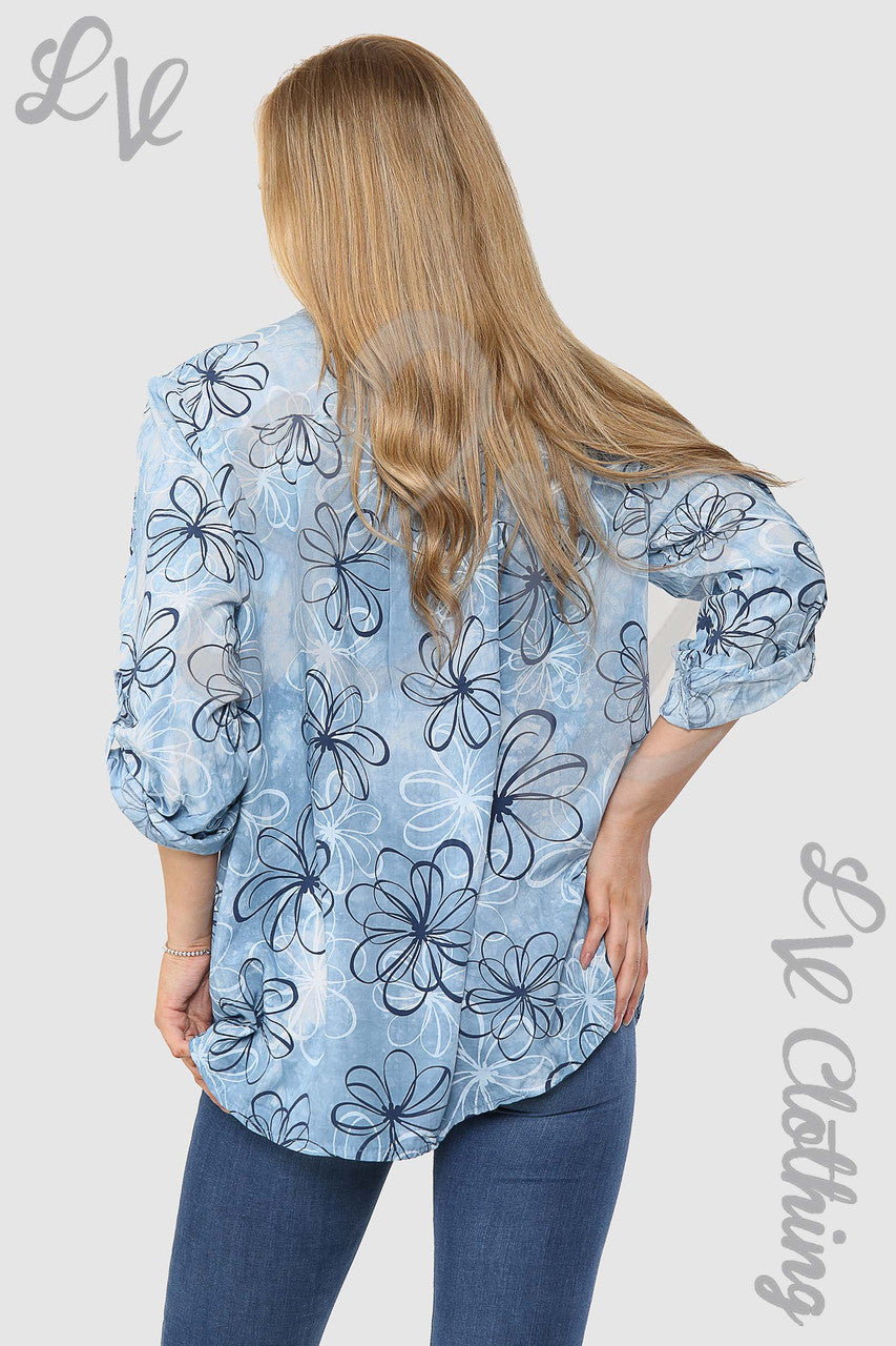 Ladies Floral Outline Print Grandad Style Blouse Shirt Denim - Unit Price £12.99