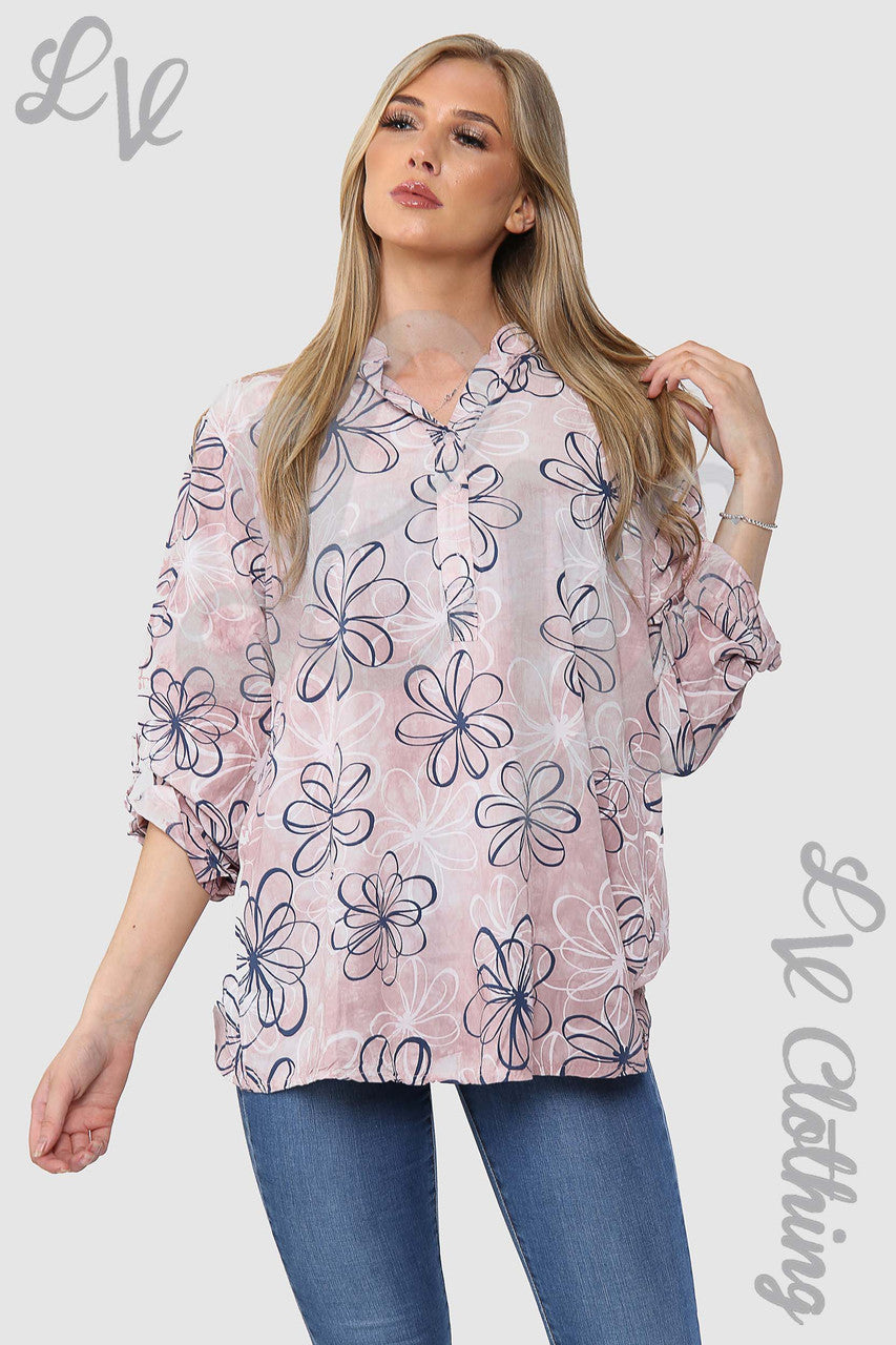 Ladies Floral Outline Print Grandad Style Blouse Shirt Dusty Pink - Unit Price £12.99
