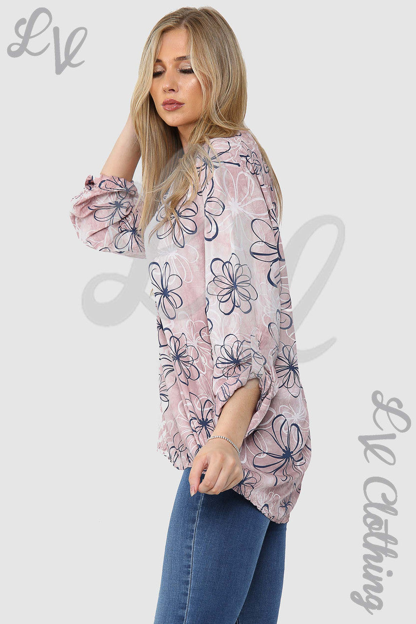 Ladies Floral Outline Print Grandad Style Blouse Shirt Dusty Pink - Unit Price £12.99