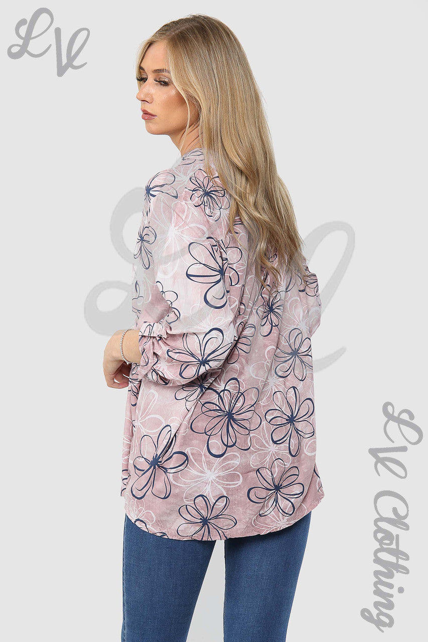 Ladies Floral Outline Print Grandad Style Blouse Shirt Dusty Pink - Unit Price £12.99