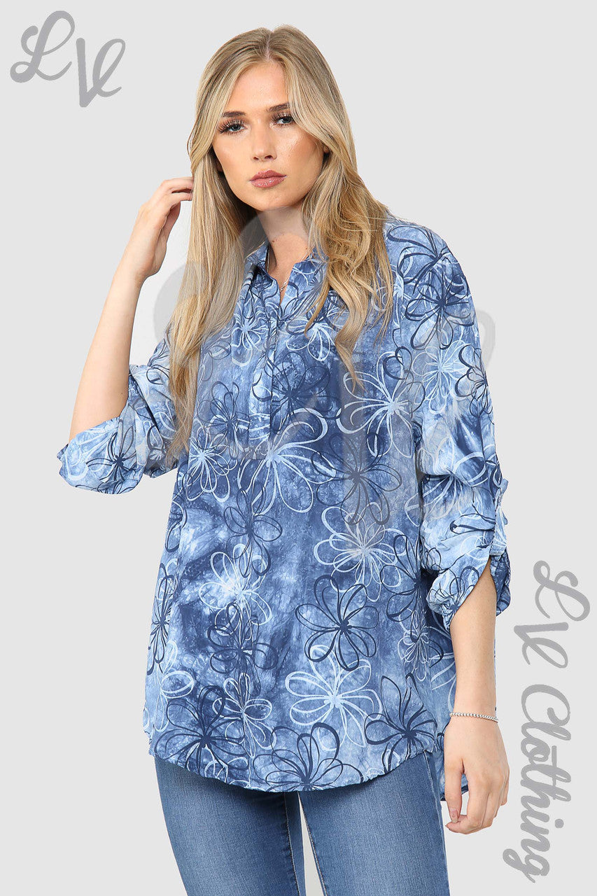 Ladies Floral Outline Print Grandad Style Blouse Shirt Navy - Unit Price £12.99