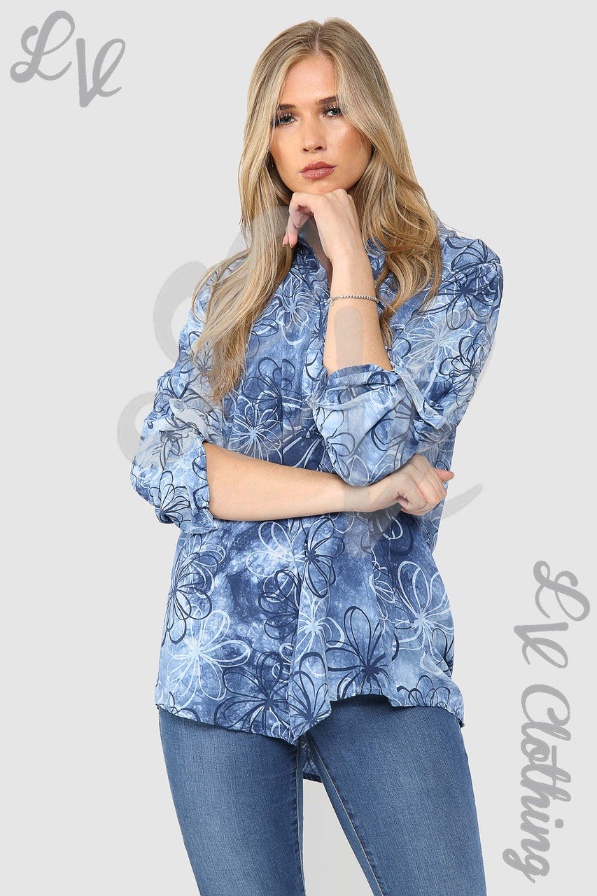Ladies Floral Outline Print Grandad Style Blouse Shirt Navy - Unit Price £12.99