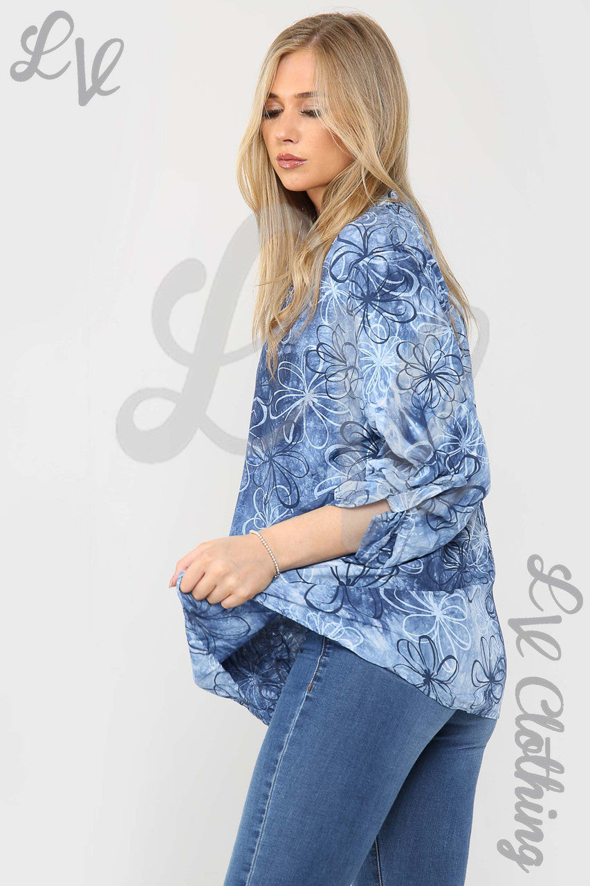 Ladies Floral Outline Print Grandad Style Blouse Shirt Navy - Unit Price £12.99