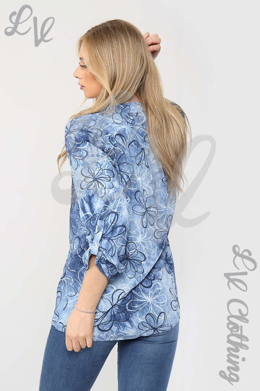 Ladies Floral Outline Print Grandad Style Blouse Shirt Navy - Unit Price £12.99